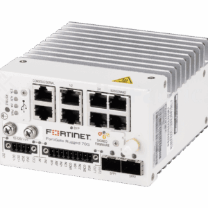 een witte Fortinet FortiGateRugged 70G met meerdere ethernet aansluitingen en din rail montage