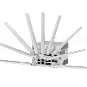 een witte Fortinet FortiGate Rugged 70G-5G-DUAL met meerdere ethernet aansluitingen en din rail montage