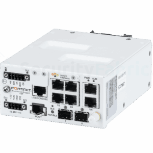 een witte Fortinet FortiSwitchRugged 108F met meerdere ethernet aansluitingen en din rail montage