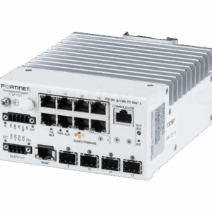 een witte Fortinet FortiSwitchRugged 112F-POE met meerdere ethernet aansluitingen en din rail montage