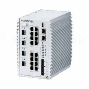 een witte FortiSwitch 216F-PoE in ruggedized uitvoering met ethernet en glasvezelaansluitingen