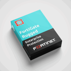 Een doos van Fortinet met het opschrift “FortiGateRugged Enterprise Protection”, uitgevoerd in blauw en zwart en voorzien van een productnummer.
