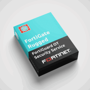 Een doos van Fortinet met het opschrift “FortiGateRugged FortiGate OT Security Service”, uitgevoerd in blauw en zwart en voorzien van een productnummer.