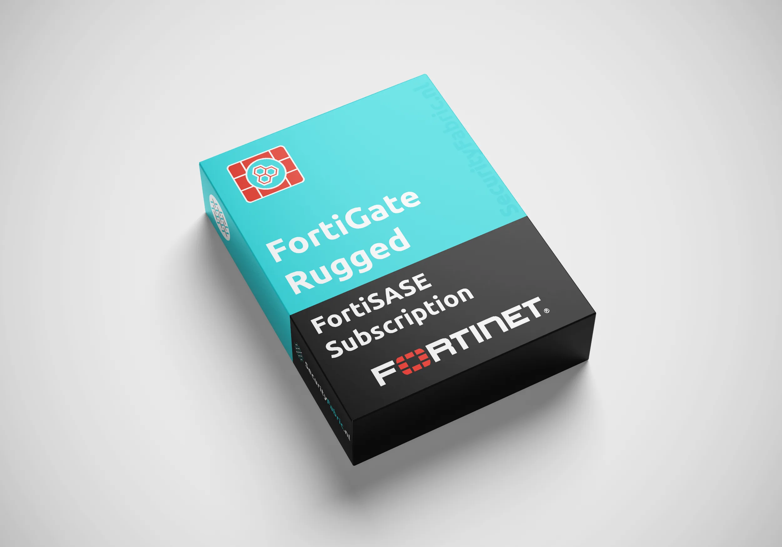 Een doos van Fortinet met het opschrift “FortiGateRugged FortiSASE Subscription”, uitgevoerd in blauw en zwart en voorzien van een productnummer.