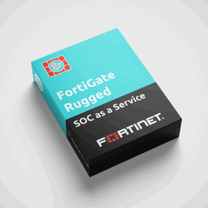Een doos van Fortinet met het opschrift “FortiGateRugged SOC as a Service”, uitgevoerd in blauw en zwart en voorzien van een productnummer.