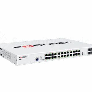 Zijaanzicht van Fortinet FortiSwitch 124G FPOE met meerdere ethernet en glasvezelaansluitingen
