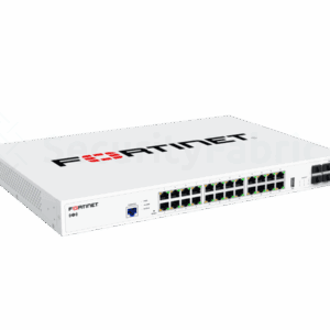 Zijaanzicht van Fortinet FortiSwitch 124G met meerdere ethernet en glasvezelaansluitingen