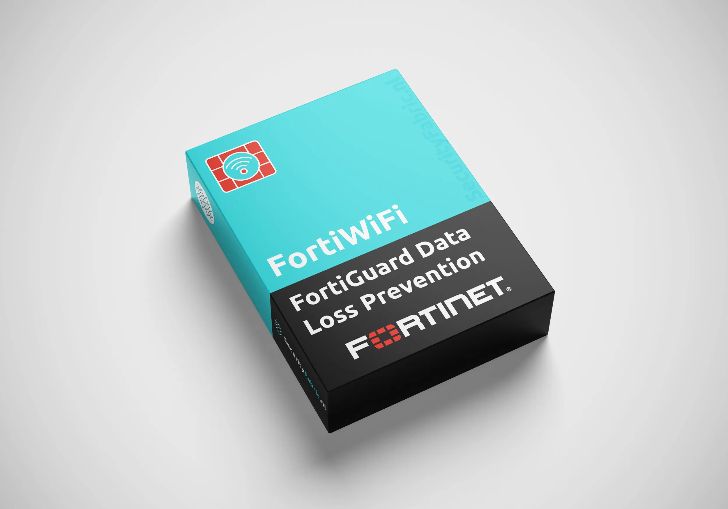 Een doos van Fortinet met het opschrift “FortiWiFi FortiGuard Data Loss Prevention Service”, uitgevoerd in blauw en zwart en voorzien van een productnummer.