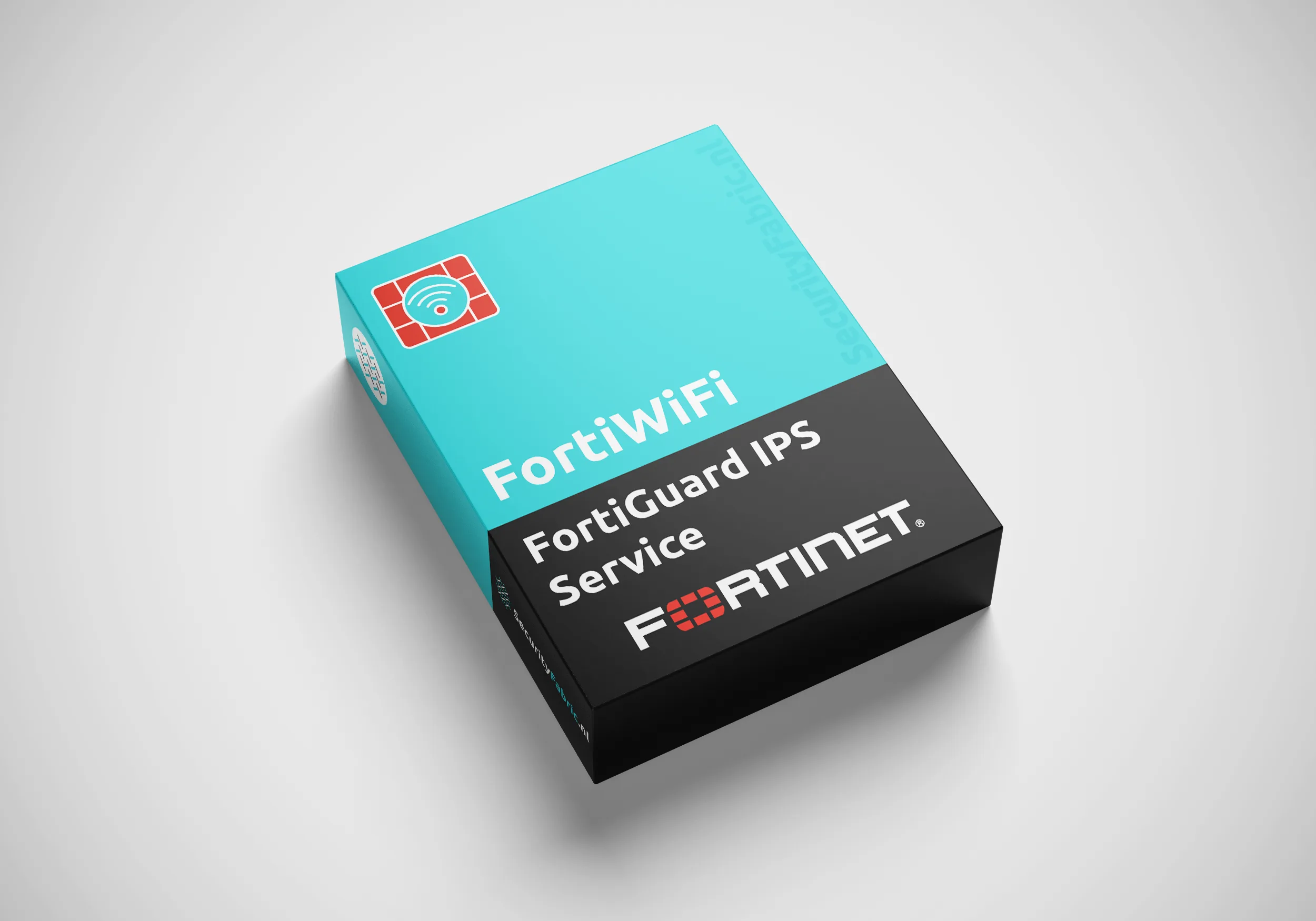 Een doos van Fortinet met het opschrift “FortiWiFi FortiGuard IPS Service”, uitgevoerd in blauw en zwart en voorzien van een productnummer.