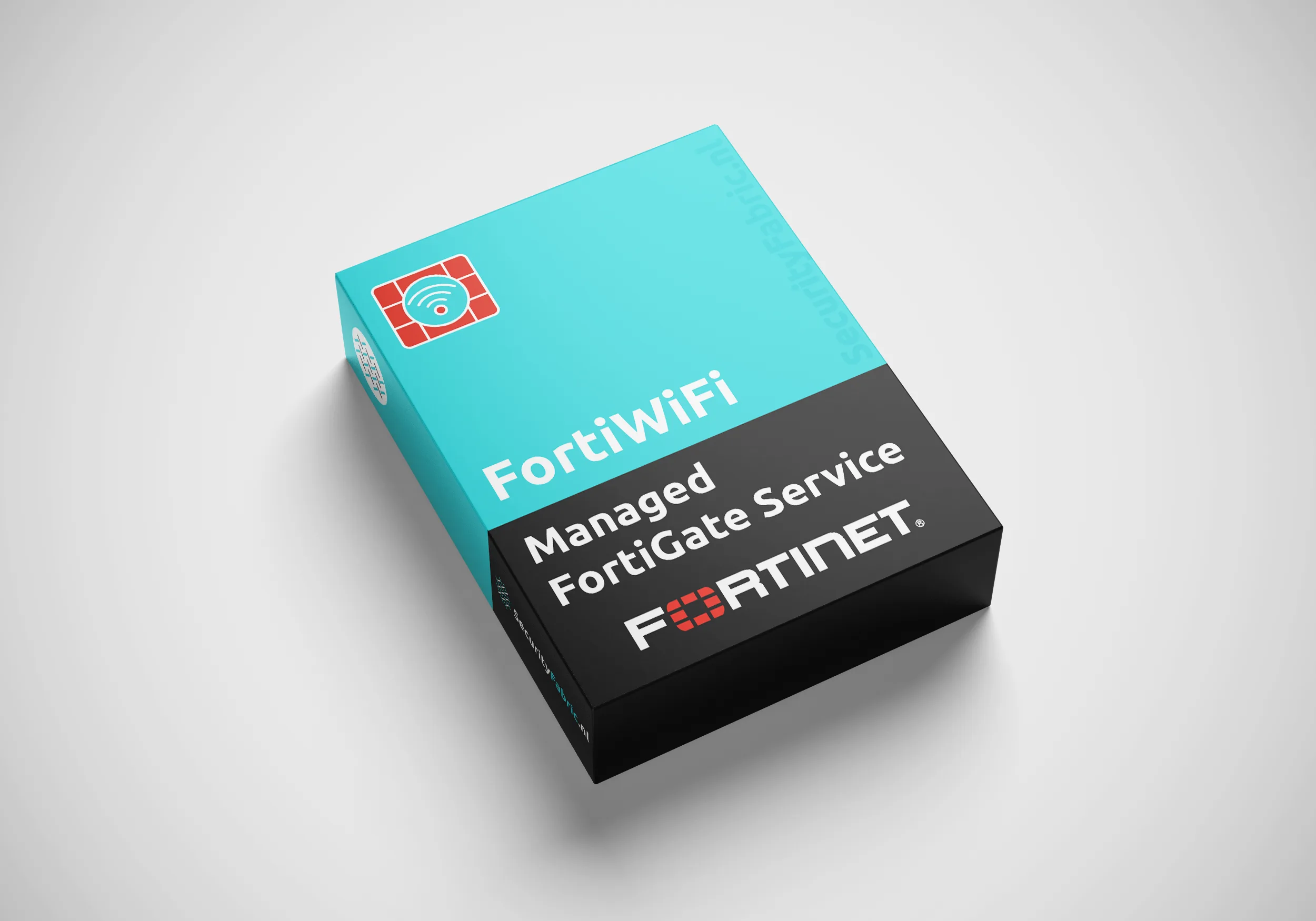 Een doos van Fortinet met het opschrift “FortiWiFi Managed FortiGate Service”, uitgevoerd in blauw en zwart en voorzien van een productnummer.