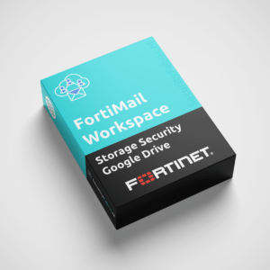 Een doos van Fortinet met het opschrift “FortiMail Workspace Storage Security Google Drive”, uitgevoerd in blauw en zwart en voorzien van een productnummer.